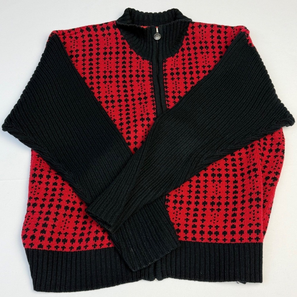 Liz‎ Claiborne 90's Vintage Full Zip Sweater Red Black Classic Geometric
